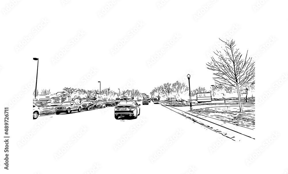 Building view with landmark of Mishawaka is the 
city in Indiana. Hand drawn sketch illustration in vector.