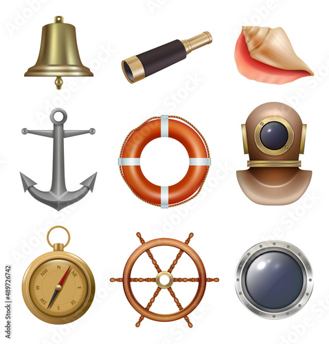 Ocean ship equipment. Sea diving space suit steering wheel steel anchor safety lifebuoy compass decent vector illustration in realistic style