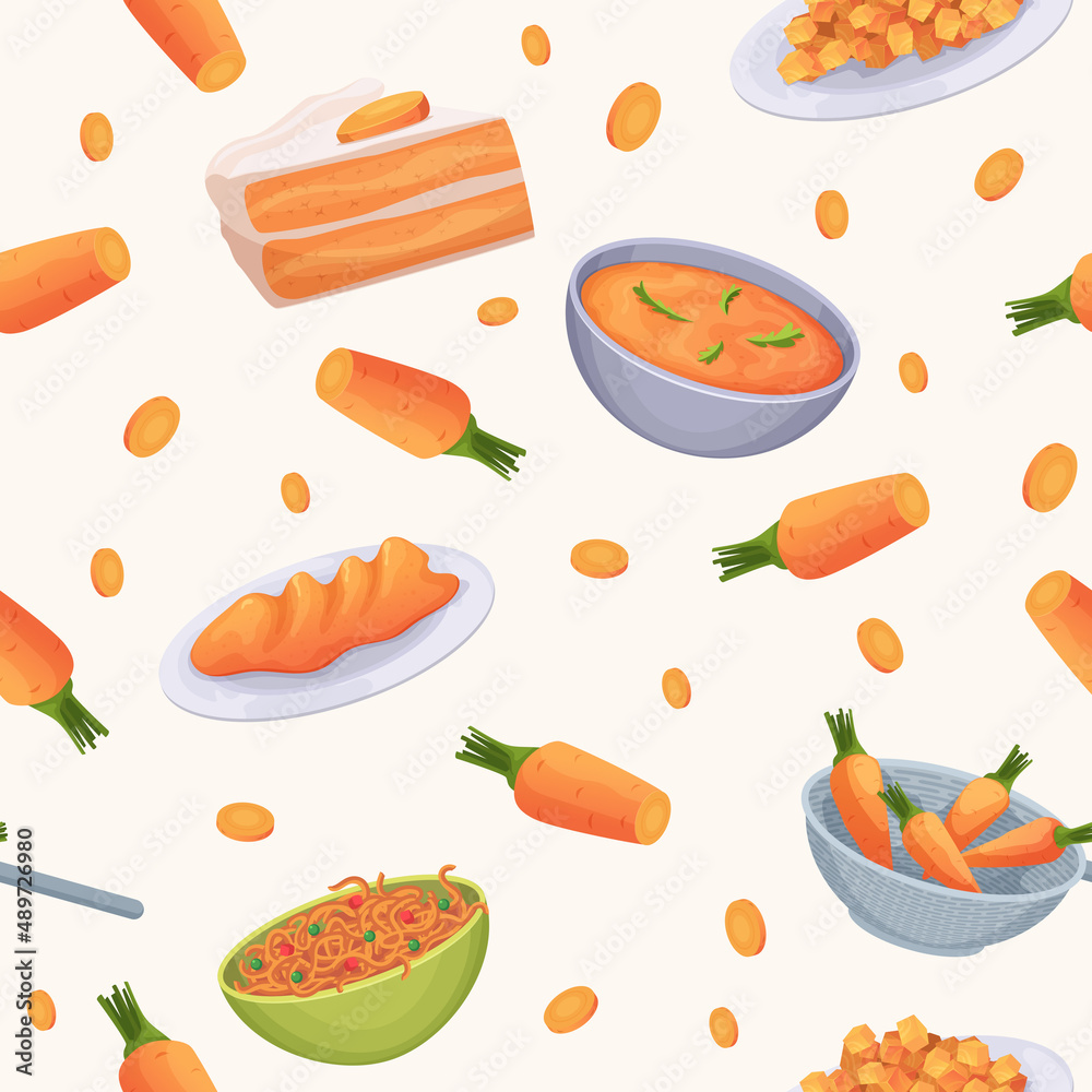 Vegetables pattern. Delicious preparing foods from carrot natural vegetables exact vector seamless background