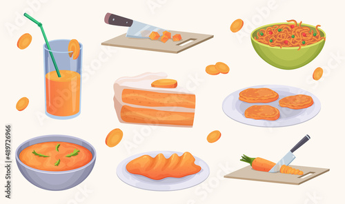 Products from carrot. Healthy natural ingredients for preparing food slices carrot organic vegetable exact vector illustrations in cartoon style