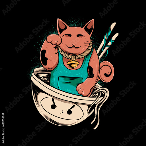 lucky cat with noodles for t-shirt design and print