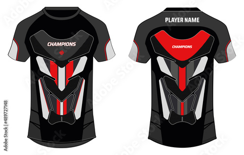 Sports t-shirt jersey design flat sketch illustration, Abstract pattern v neck biker motocross jersey concept with front and back view for Soccer, Cricket, Rugby, e-sport, gaming uniform kit