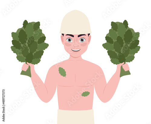 young man in a bathing suit with an oak broom.