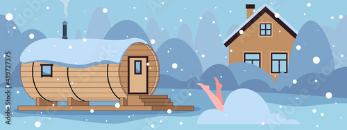 Wooden barrel sauna. Outdoor banya. Flat vector illustration.