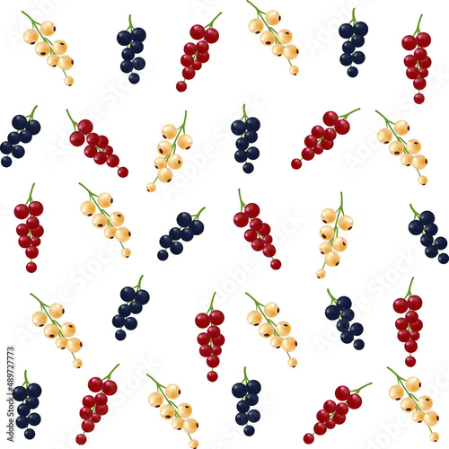 Seamless pattern, white, red and black currants on a colorless background. Beautiful background for your designs, wallpapers, fabrics, textiles and more.
