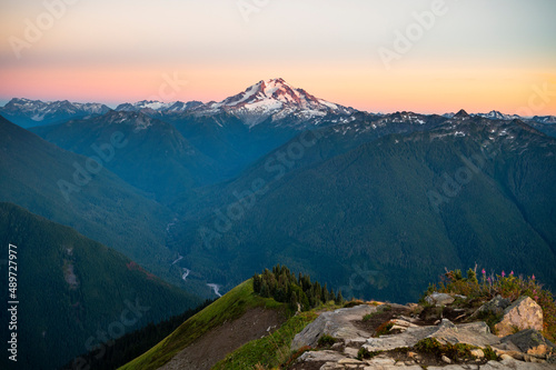 Glacier Peak with the Suiattle River Valley at Sunset