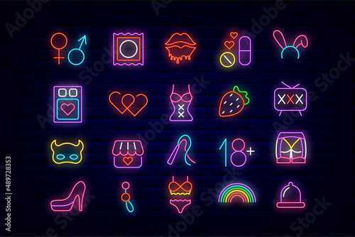 Adult items market neon icon set. Sex shop. Handcuff and suspender belt. Intimate accessories. Vector stock illustration