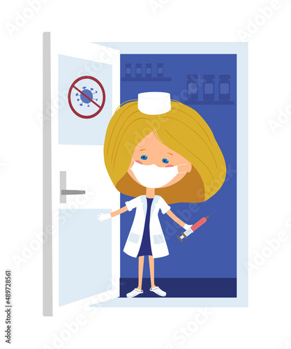 Woman doctor stands with a syringe. The nurse invites you to get vaccinated against coronovirus. Vector illustration.