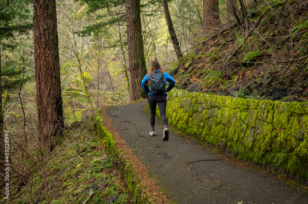 Female hiking on a trail in the Columbia River Gorge