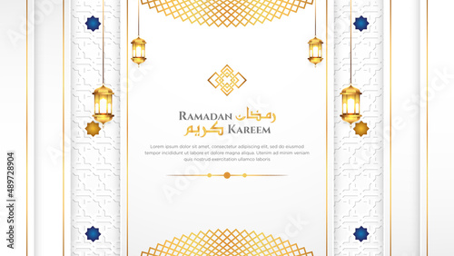 Luxury Ramadan Kareem Islamic Background Used for Sale Banner, Poster. With Arabic Pattern, Islamic Border, and Decorative Hanging Lanterns Ornament.  photo
