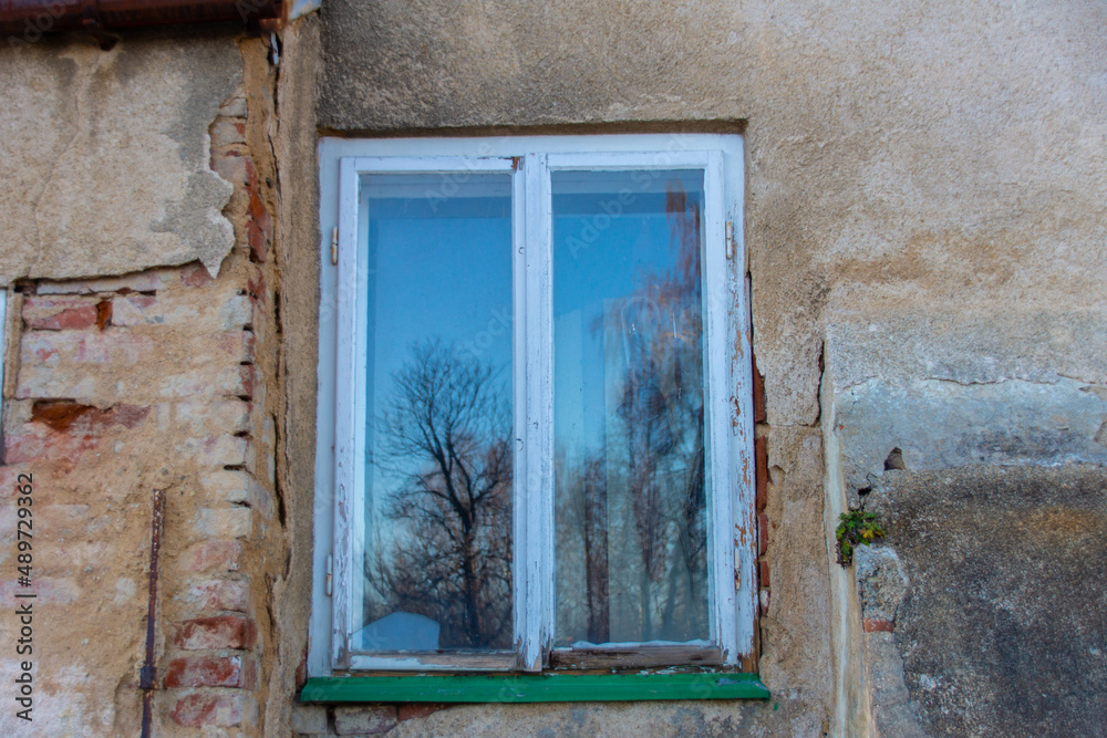 Fototapeta premium Altes Fenster aus Holz in einer Verfallenen Mauer