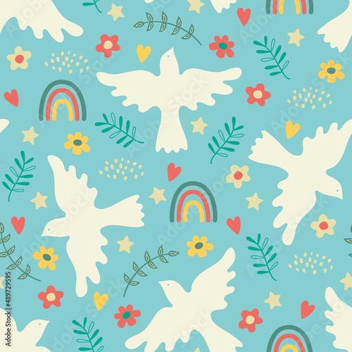 Seamless pattern with dove of peace, blossom, rainbow and hearts. Boho style. Vector illustration.