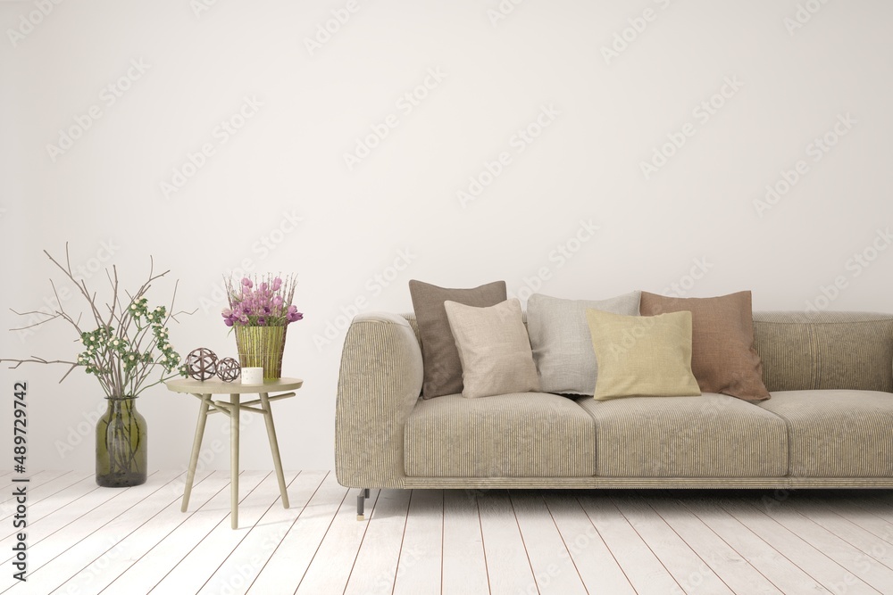 Naklejka premium Modern living room in white color with sofa. Scandinavian interior design. 3D illustration