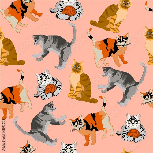 seamless pattern of cats of different colors for the decoration of fabrics and paper decor