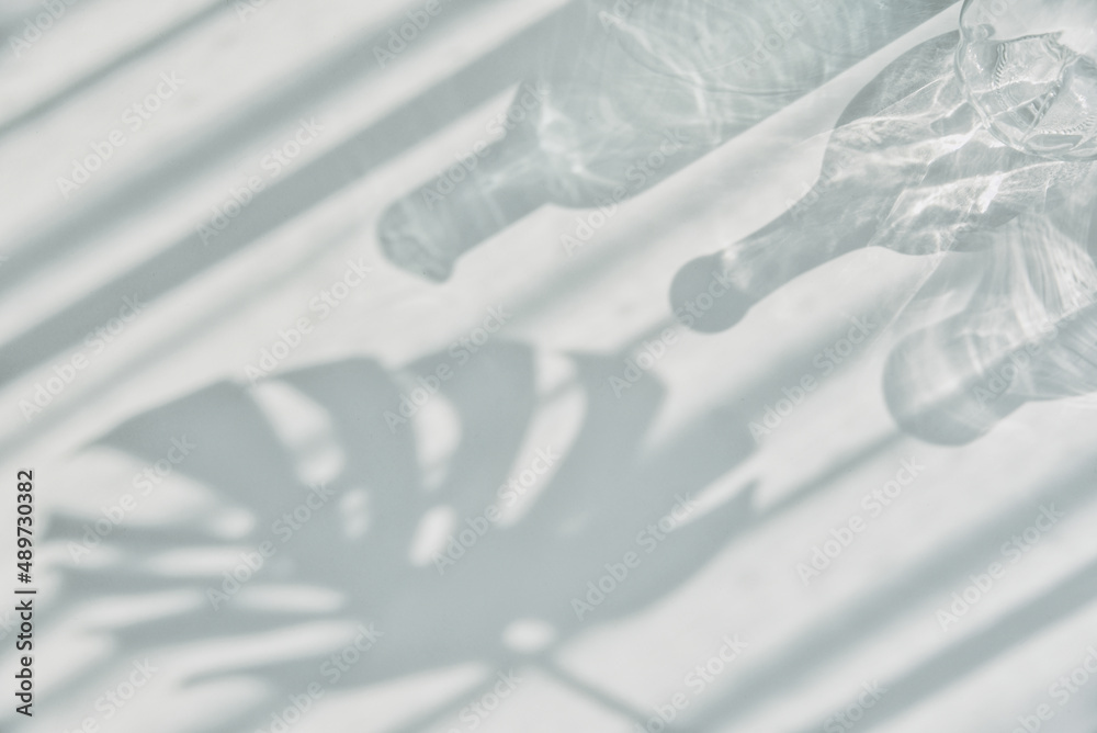 Shadow of glass and leaf overlay on white background, Light refraction effect for mock up and design presentation.