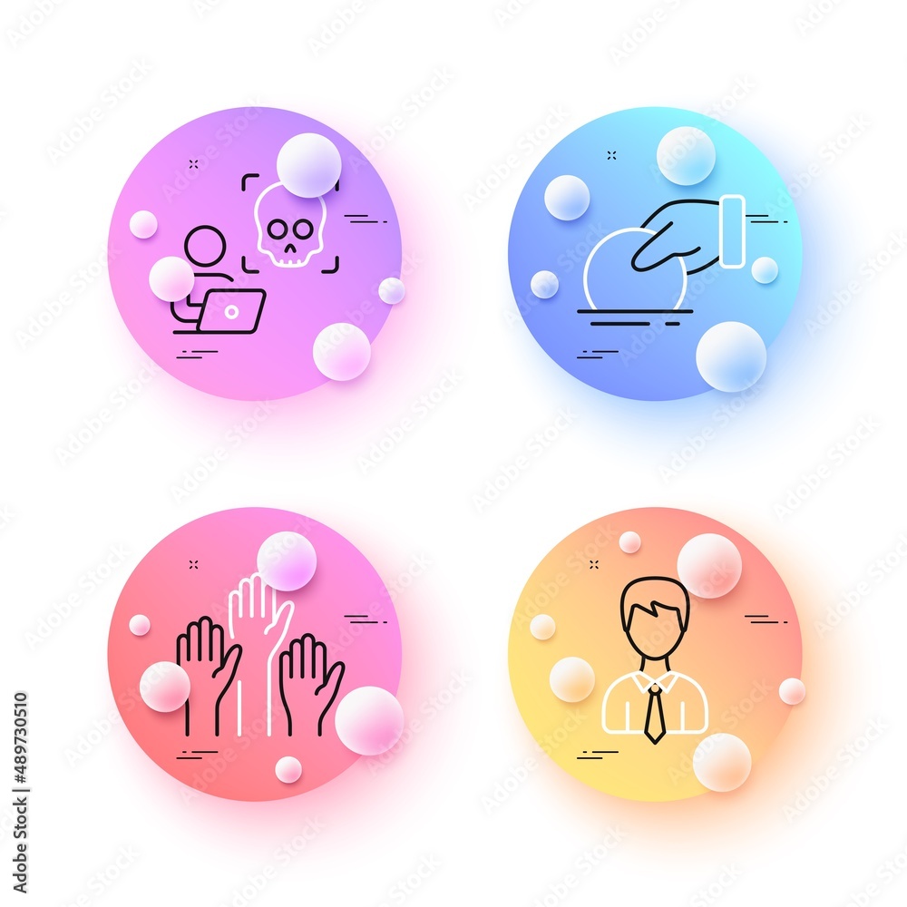 Voting hands, Cyber attack and Businessman minimal line icons. 3d spheres or balls buttons. Donate icons. For web, application, printing. Candidate vote, Ransomware risk, User data. Vector Voting hands, Cyber attack and Businessman minimal line icons. 3d spheres or balls buttons. Donate icons. For web, application, printing. Candidate vote, Ransomware risk, User data. Vector