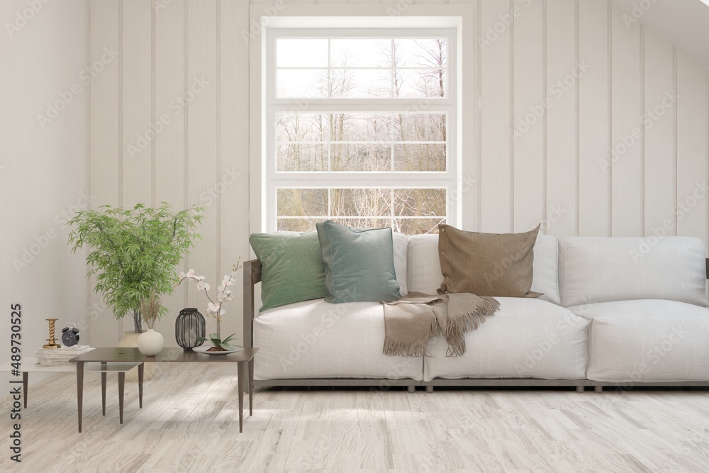 Fototapeta premium White living room with sofa and winter landscape in window. Scandinavian interior design. 3D illustration