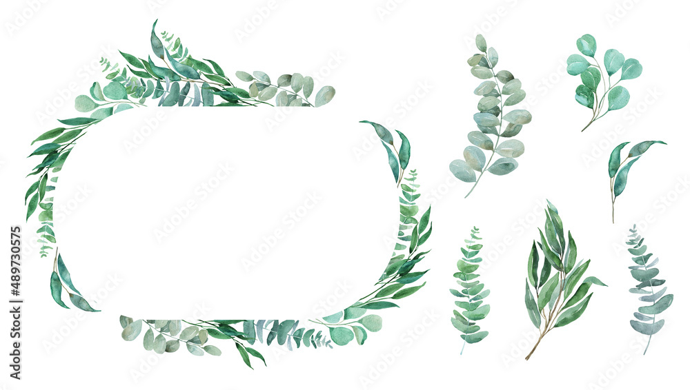 Watercolor greenery eucalyptus leaves border, frame, garland. Boho foliage floral bouquet. Botanical nature design isolated on white. Bohemian style wedding invitation, greeting, card, template