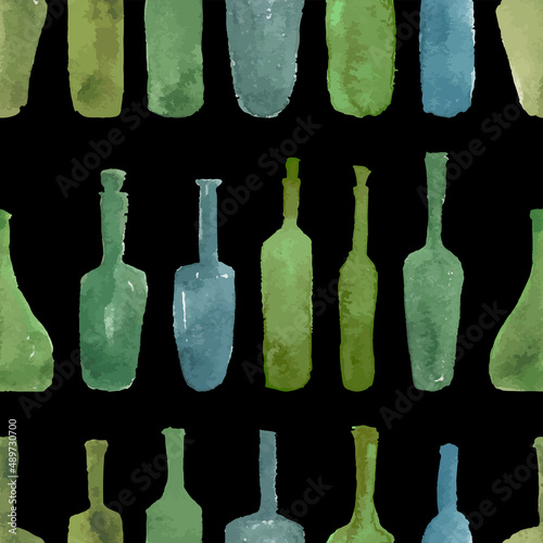 Seamless background from set watercolor vector drawings of silhouettes various wine bottles