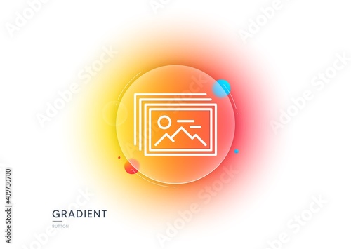 Image gallery line icon. Gradient blur button with glassmorphism. Photo thumbnail sign. Album picture placeholder symbol. Transparent glass design. Image gallery line icon. Vector