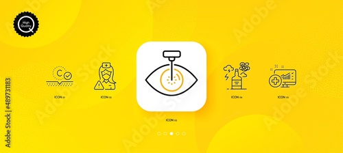 Medical analytics, Eye laser and Alcohol addiction minimal line icons. Yellow abstract background. Collagen skin, Nurse icons. For web, application, printing. Vector
