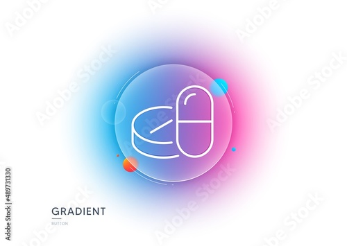 Medical drugs line icon. Gradient blur button with glassmorphism. Medicine pills sign. Pharmacy medication symbol. Transparent glass design. Medical drugs line icon. Vector