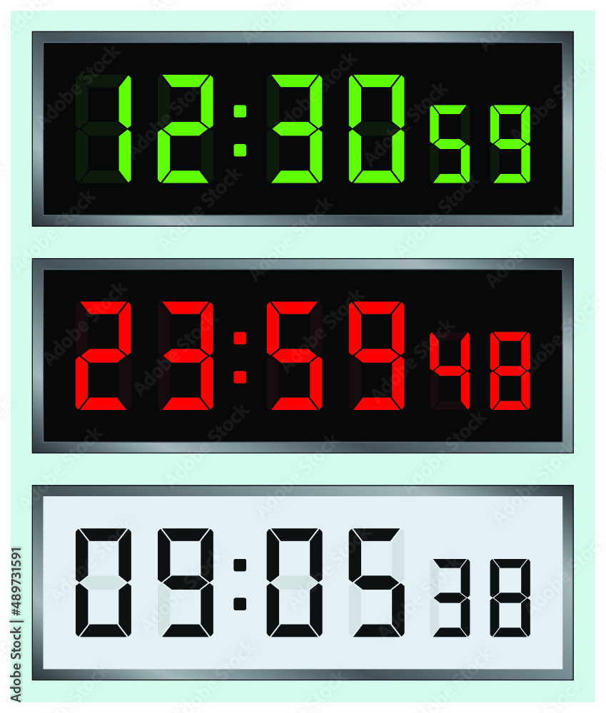 Led alarm display. Digital colored o'clock. Digital clocks vector illustration Led alarm display. Digital colored o'clock. Digital clocks vector illustration