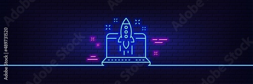 Neon light glow effect. Start business line icon. Launch crowdfunding project sign. Innovation symbol. 3d line neon glow icon. Brick wall banner. Start business outline. Vector