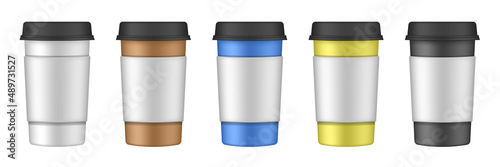 Realistic set of paper coffee cups with black cupholders. Coffee to go. Take away. Blank container with lid for latte, mocha, cappuccino or tea drinks. Carton cup holder. White, brown, blue, yellow