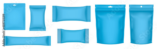 Set of realistic doy pack mockups. Blue flow pack, sachet, zip bag and doypack. Ice cream wrapper. Sheet mask sachet. Coffee, sause or candy packaging.