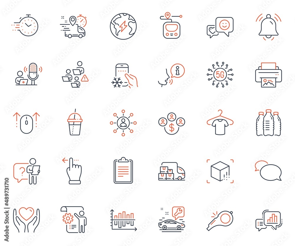 Business icons set. Included icon as Water bottles, Delivery truck and Hold heart web elements. 5g technology, Smile, Timer icons. Buying currency, Settings blueprint, Messenger web signs. Vector