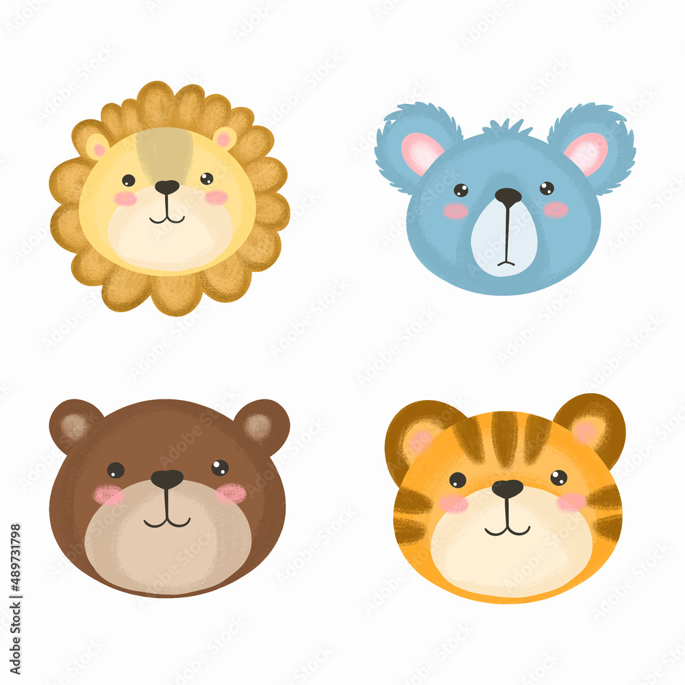 Obraz premium Set of Cartoon cute animals for baby card and invitation. Vector illustration. Lion, bear, tiger, koala.