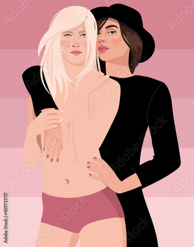 Female lesbian couple hugging. Vector illustration of LGBTQ concept in trendy cartoon style. Hand drawn homosexual characters in love.