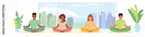 People meditate in the classroom against the background of a large window. Conceptual illustration for yoga, meditation, relaxation, relaxation, healthy lifestyle. in the style of a flat cartoon