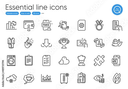Puzzle, Discount coupon and Accounting line icons. Collection of Refrigerator, Snow weather, Honor icons. Interview, Business vision, Flights application web elements. Washing machine. Vector