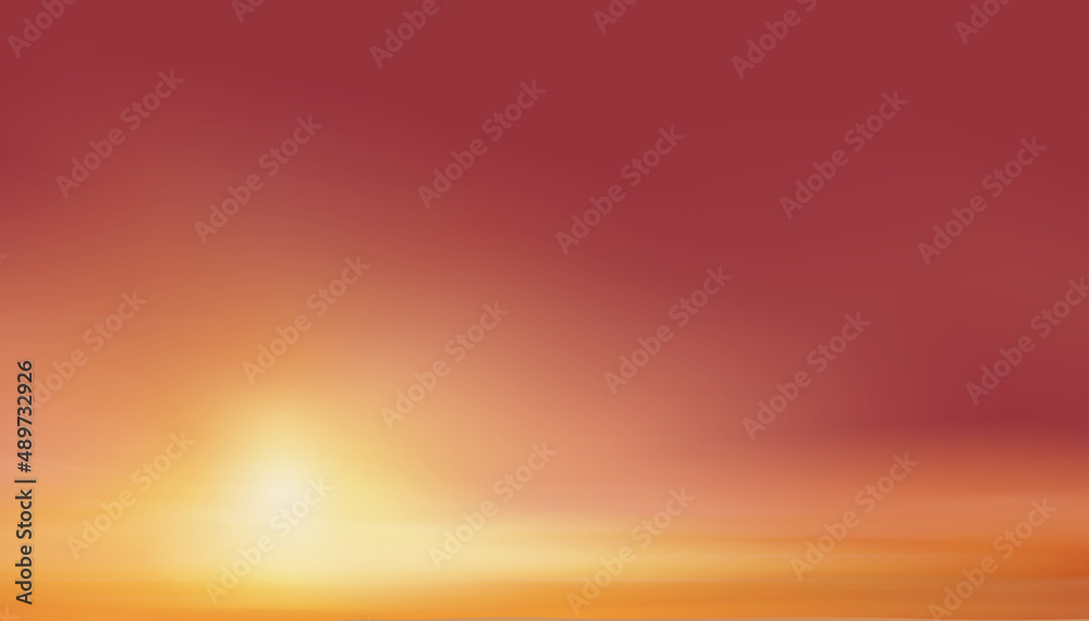 Obraz premium Sunrise in Morning with Red,Orange,Yellow and Pink sky, Dramatic twilight landscape with Sunset in evening, Vector mesh horizon Sky banner of Sunset or sunlight for four seasons background
