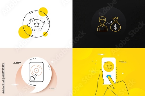 Minimal set of Sallary, Loyalty points and Approved line icons. Phone screen, Quote banners. Hdd icons. For web development. Person earnings, Piggy bank, Comic message. Memory disk. Vector photo