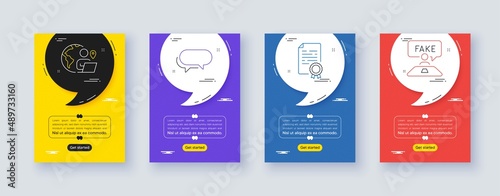 Set of Outsource work, Messenger and Certificate diploma line icons. Poster offer frame with quote, comma. Include Fake review icons. For web, application. Vector