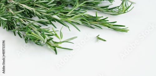 rosemary leaves top view on white table banner. Copy space. Food concepte.