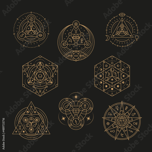 Esoteric symbols. Magic mystical tarot design, stars and satellite. Sacred ritual elements, ancient mystic astrology. Abstract geometries tidy vector graphic