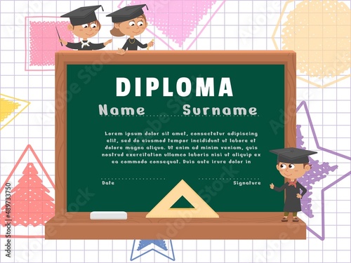 Graduate kids diploma. Student congratulation, cute cartoon children standing at blackboard. School banner, kindergarten graduation, decent vector poster