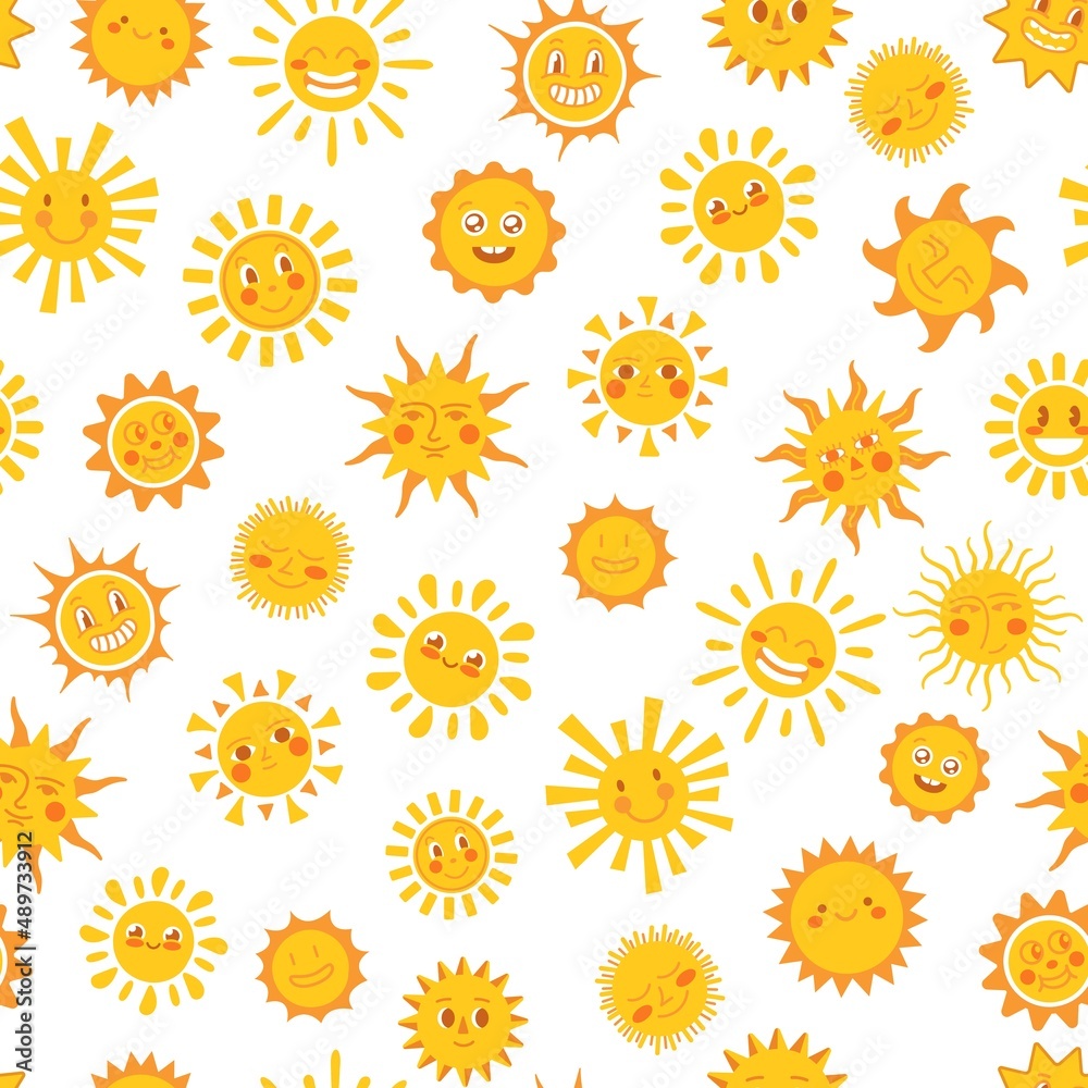 Yellow sun pattern. Doodle suns, summer scribble cute sunny. Funny morning sunshine, childish sunlights print. Cartoon solar elements neat vector seamless texture Yellow sun pattern. Doodle suns, summer scribble cute sunny. Funny morning sunshine, childish sunlights print. Cartoon solar elements neat vector seamless texture