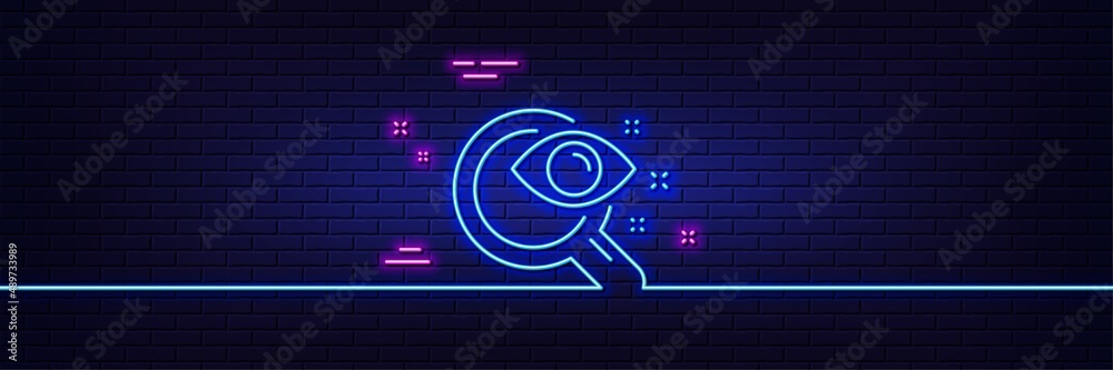 Neon light glow effect. Vision test line icon. Eyesight check sign. Oculist clinic symbol. 3d line neon glow icon. Brick wall banner. Vision test outline. Vector Neon light glow effect. Vision test line icon. Eyesight check sign. Oculist clinic symbol. 3d line neon glow icon. Brick wall banner. Vision test outline. Vector