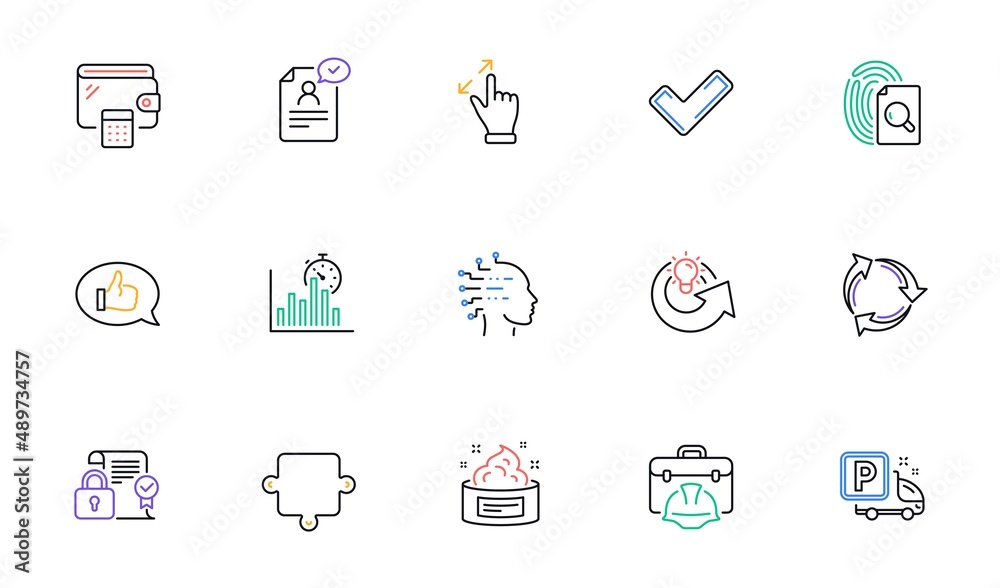 Truck parking, Touchscreen gesture and Feedback line icons for website, printing. Collection of Inspect, Puzzle, Report timer icons. Tick, Recycle, Share idea web elements. Vector