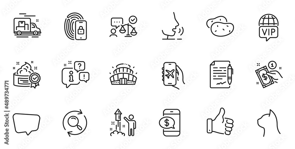 Outline set of Cream, Agreement document and Payment method line icons for web application. Talk, information, delivery truck outline icon. Include Vip internet, Arena stadium, Potato icons. Vector