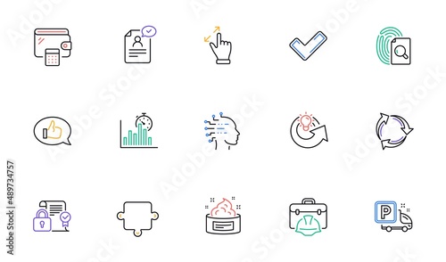 Truck parking, Touchscreen gesture and Feedback line icons for website, printing. Collection of Inspect, Puzzle, Report timer icons. Tick, Recycle, Share idea web elements. Vector
