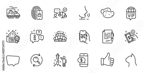 Outline set of Cream, Agreement document and Payment method line icons for web application. Talk, information, delivery truck outline icon. Include Vip internet, Arena stadium, Potato icons. Vector