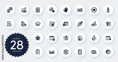 Set of Finance icons, such as Difficult stress, Graph chart and Online payment flat icons. Manager, Clipboard, New star web elements. Budget accounting, Discounts calendar, Crown signs. Vector