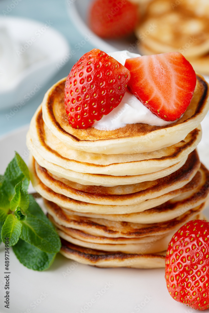 Stack of pancakes with fresh strawberry Stack of pancakes with fresh strawberry