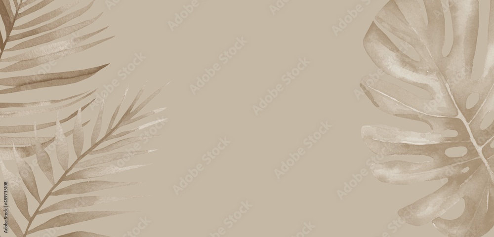 Aesthetic Beige Tropical Background. Watercolor illustration on beige Background. Dried monstera, palm leaves. Aesthetic Beige Tropical Background. Watercolor illustration on beige Background. Dried monstera, palm leaves.